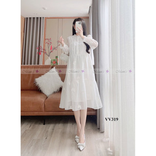 Váy bầu thiết kế mum’s shop - vv319 voan nơ trắng cổ bèo