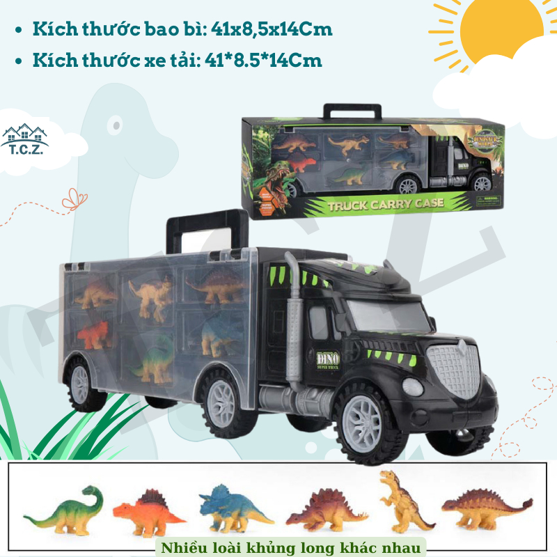 Đồ chơi trẻ em, xe container đồ chơi khủng long, kèm 6 đồ chơi mô hình khủng long, xe tải vận chuyển khủng long bé trai