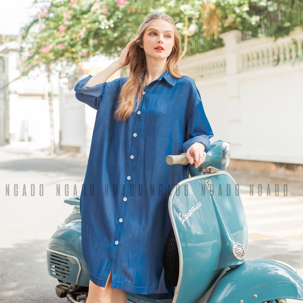Đầm sơ mi xanh jean dài tay NGADO, Đầm công sở, đầm thiết kế, váy thiết kế