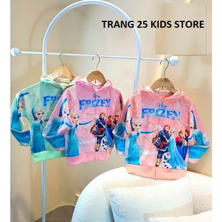 Áo Khoác Bé gái Thun cotton da cá, bản trước mát lạnh, bản saucotton mềm mịn, có Túi áo và nón rộng- elsa-anna-