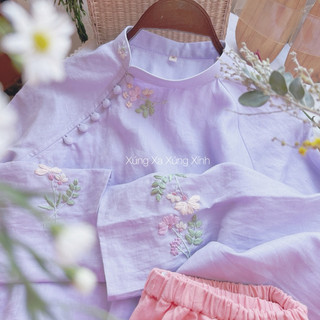 | 0303 studio | Áo dài linen cổ gài nút thêu hoa - Nắng Mai - phiên bản tay 50 dài áo 120