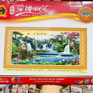 tranh thêu chữ thập phong cảnh sơn thủy hửu tình kt 194x80cm