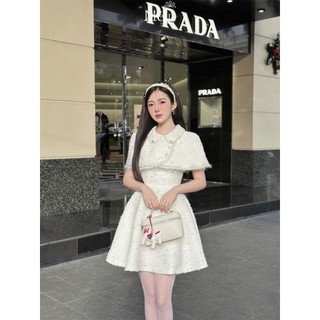 Đầm tweed trắng xòe ngắn vai bong kẹp ren - Chất liệu tweed trắng form dáng xòe - Thiết kế Méli