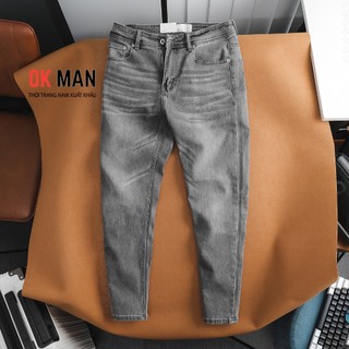 Quần jean nam Xám khói cao cấp, quần bò ống đứng form dáng slimfit co giãn OKMAN 24704