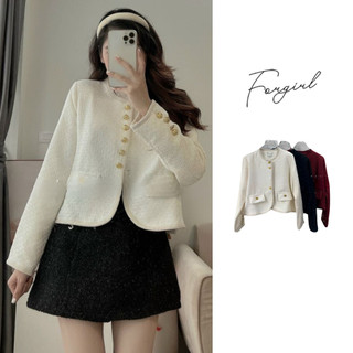 Áo khoác dạ tweed nữ Forgirl dáng ngắn dài tay cô tàu phối cúc đồng