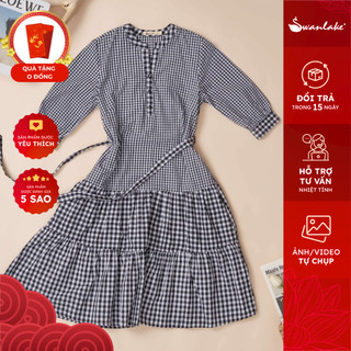 SWANLAKE | Đầm Nữ Phom A Cột Dây Cổ Trụ Cotton Caro Thắt Eo - D11041LW01