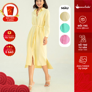 SWANLAKE | Đầm Sơ Mi Dáng Suông Tay Dài Vải Đũi (Kèm Dây Thắt Eo) Nhiều Màu - MÃ: D10366LW01