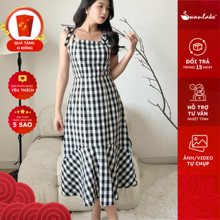 SWANLAKE | Đầm 2 Dây Thắt Nơ Điều Chỉnh Được, Dáng Ôm Dài Chất Cotton Caro Trắng Đen - MÃ: D10844LW01