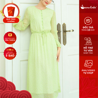 SWANLAKE | Đầm Midi Phom A Chiffon Lụa Công Sở Tay Dài Thắt Eo Chấm Bi Nữ Tính, Nhẹ Nhàng, Tiểu Thư - MÃ: D10998