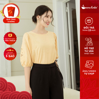 SWANLAKE | Áo Kiểu Công Sở Nữ Tay Phồng Thêu Phối Lưới Vải Cotton Sọc Tăm - A10232LW01