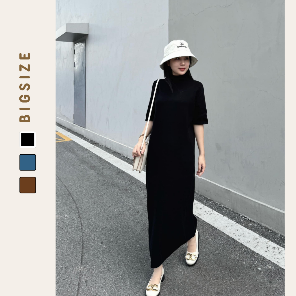 Váy suông nữ Bigsize cổ leo 3 phân tay lửng, đầm suông dáng dài cổ cao form rộng tay lỡ chất vải tăm thái dày dặn