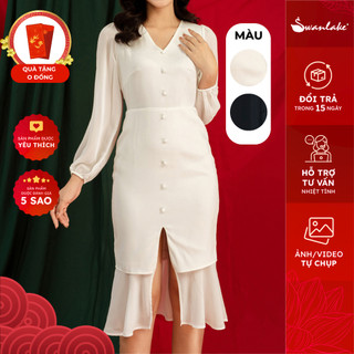 SWANLAKE | Đầm Đuôi Cá Cổ V Xẻ Tà Lụa Mềm, Có Lót Dạo Phố, Công Sở - MÃ: D10037LW01