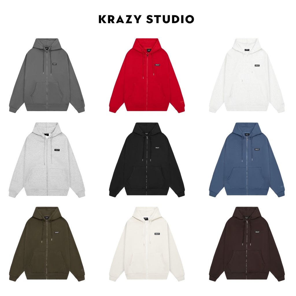 ÁO KHOÁC NỈ HOODIE ZIP KRAZY STUDIO TAG CAO SU CHÂN CUA và NỈ BÔNG Form Rộng Nam Nữ Unisex (có 2 Túi Trong)