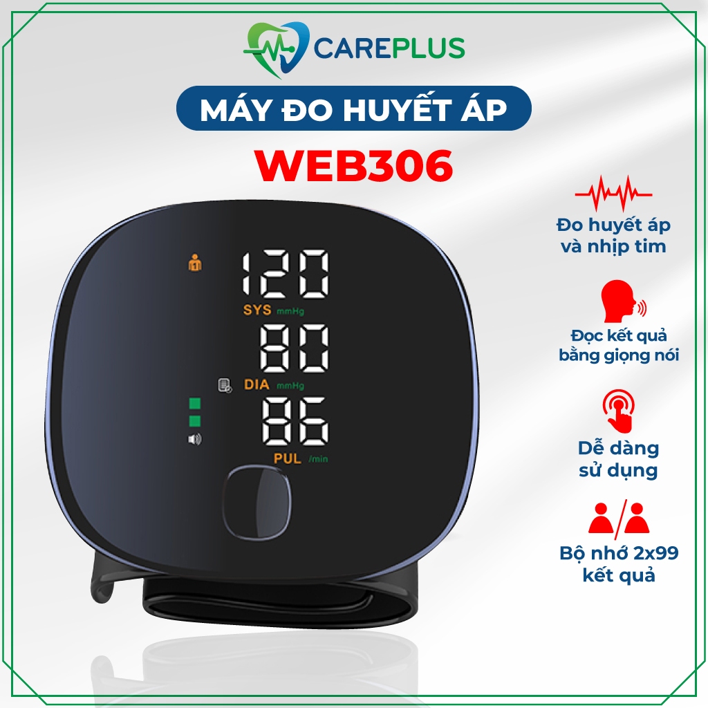 Máy đo huyết áp cổ tay tự động WEB306 - Sử dụng đơn giản chỉ bằng 1 nút chạm, cảnh báo huyết áp và nhịp tim bất thường