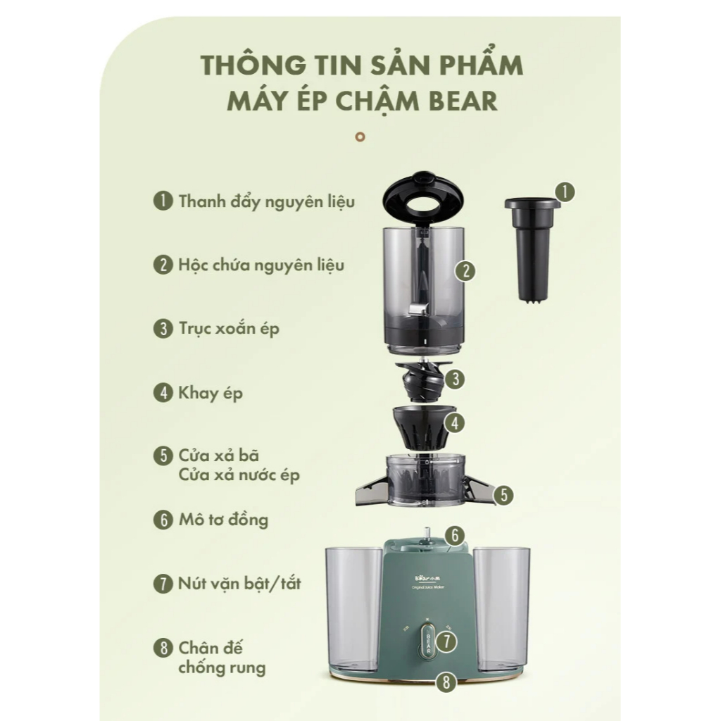 Máy ép chậm Bear YZJ-D01Y6- Dung tích 1L- 100W- Ép hoa quả, trái cây - Làm Kem- Tháo rời dễ vệ sinh- BH 18 Tháng
