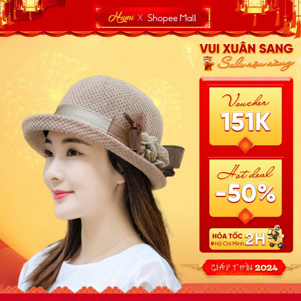 Mũ phớt nữ HUMI nón ngư dân đính hoa ORGANZA chất cotton sợi cao cấp vành rộng chống nắng thời trang xuân hè