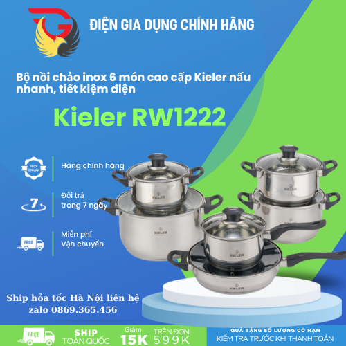 Bộ nồi chảo inox 6 món cao cấp Kieler RW1222 nấu nhanh, tiết kiệm điện (Gồm 4 nồi và 2 chảo)-  Chính