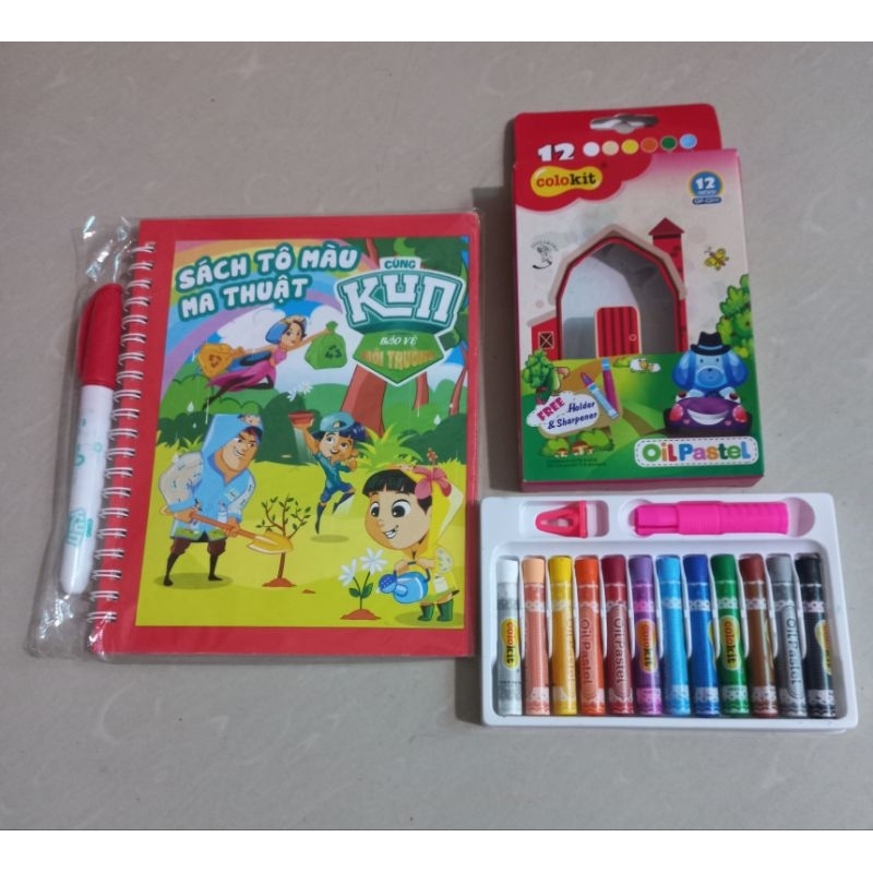 Combo bộ sách bút ma thuật và hộp sáp 12 màu Kun