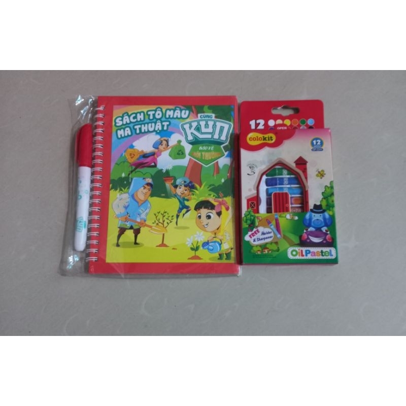 Combo bộ sách bút ma thuật và hộp sáp 12 màu Kun