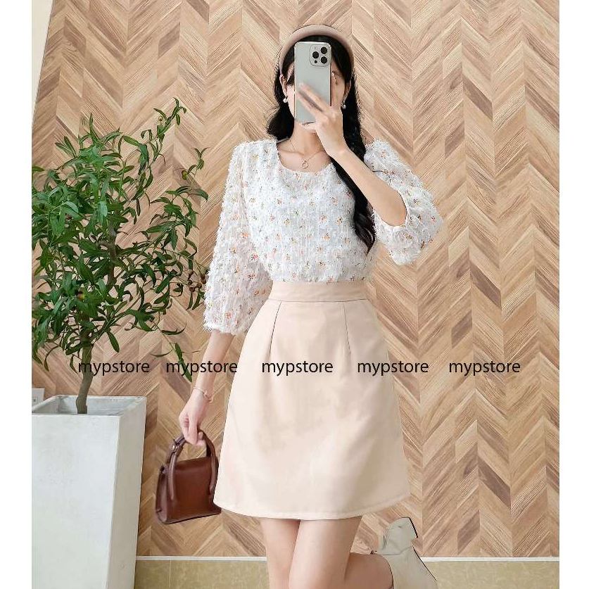 Áo hoa lụa phối lông vũ nhẹ 2 lớp tay phồng lửng Mypstore