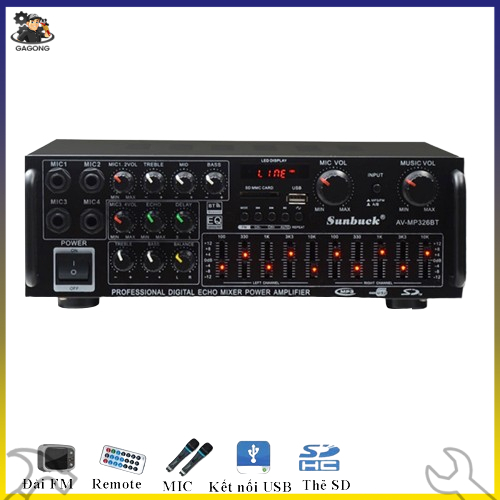 Amply karaoke, Amply mini bluetooth 5.0 SUNBUCK 326BT 220V/12V, công suất cao, 4 cổng Mic đa năng,há