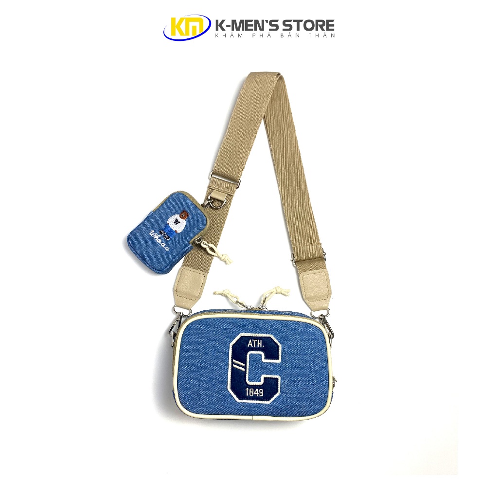 Túi đeo chéo nam nữ WHOAU thêu chữ C Ath chất vải denim canvas form ngang đi chơi du lịch phong cách sành điệu size 18