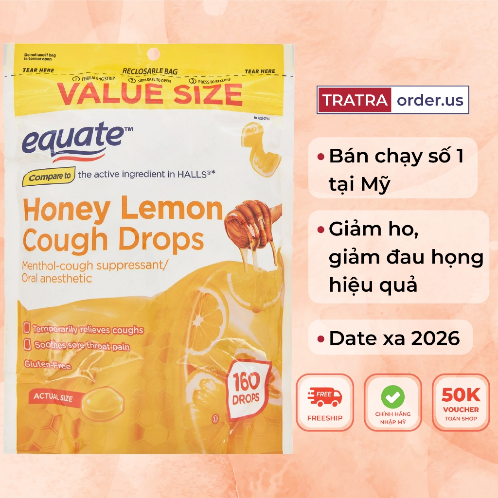 Kẹo ngậm giảm ho, đau họng không đường Equate Honey Lemon Cough Drops [Bill Mỹ]