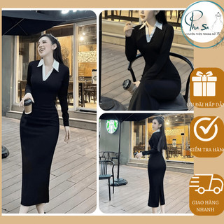 Đầm Body Nữ Tay Dài Cổ Sơ Mi Dáng Dài Nữ Tính Nhẹ Nhàng