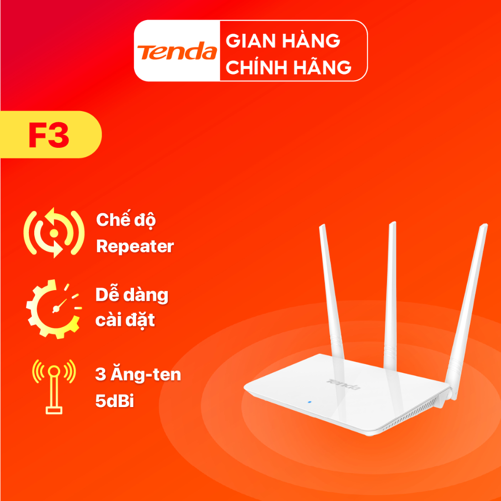 Tenda F3 Router 300Mbps Chính hãng, xuyên tường, quản lý thông minh, cài 30s, 5dBi (không SIM)