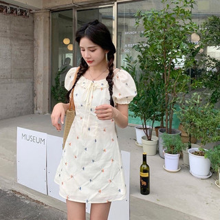 Váy hoa nhí chữ A cổ nơ tay bồng