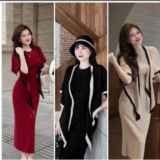 đầm dáng dài cổ tròn+kèm khăn choàng viền bigsize 40-120kg hack dáng tôn dáng sang chảnh