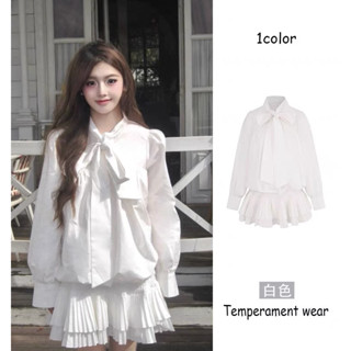 [HÀNG SẴN] LING STYLE Set Áo Sơ Mi Trắng Tay Dài Cột Nơ Kèm Chân Váy Xếp Li Độc Lạ Phong Cách Nhẹ Nhàng Tiểu Thư