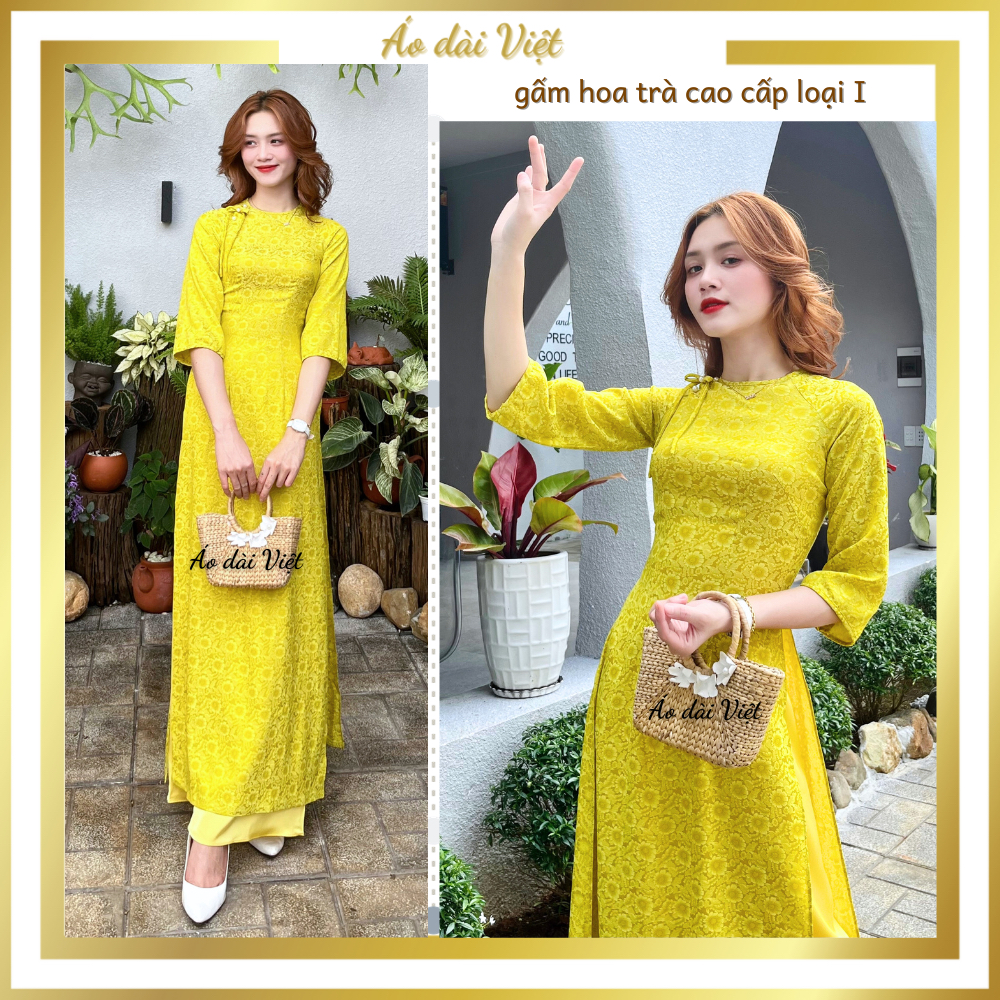 Áo dài cách tân nữ gấm hoa trà cao cấp màu vàng chanh may sẵn giáo viên cổ tròn tay loe