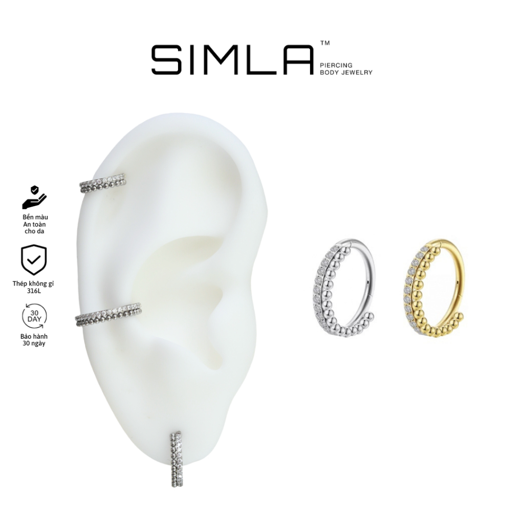 Khuyên tai tròn khoá clicker viền bi đá trắng Thép không gỉ 316L Simla (Chiếc) - Simla Body Jewelry