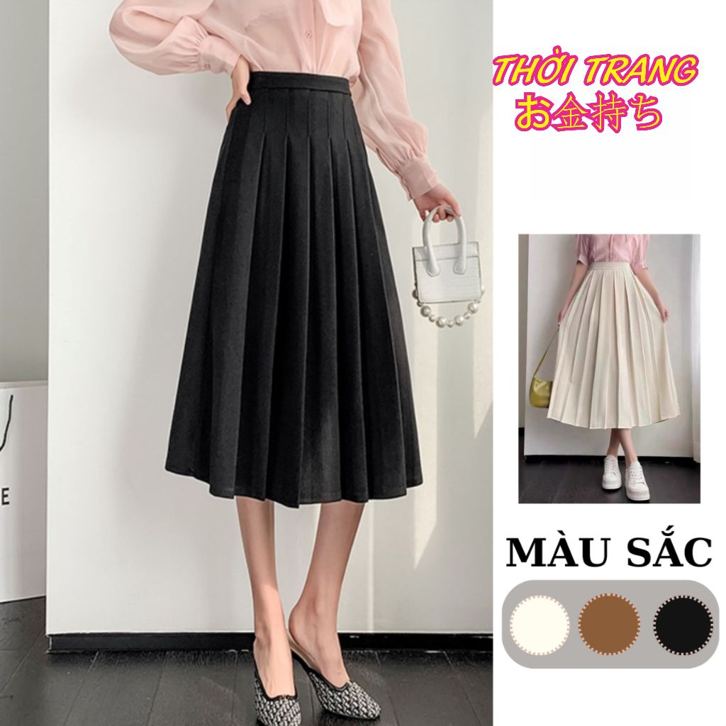 Chân Váy Xếp Ly Xoè Cao Cấp Dài Lưng Cao Chất Tuyết Mưa, Chân Váy Tenis Chữ A Công Sở Hàn Đen, Nâu, 