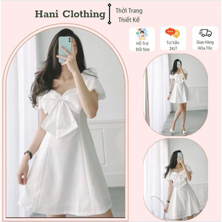 (CÓ BIGSIZE)-Váy trắng tiểu thư dự tiệc chuẩn xinh-váy trắng nơ ngực chụp ảnh kỷ yếu đẹp-haniclothing
