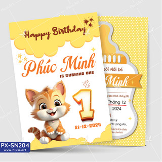 Thiệp sinh nhật - Thiệp Thôi nôi bé trai Tuổi Mèo - Mẹo| Thiệp Pluxi in nội dung theo yêu cầu