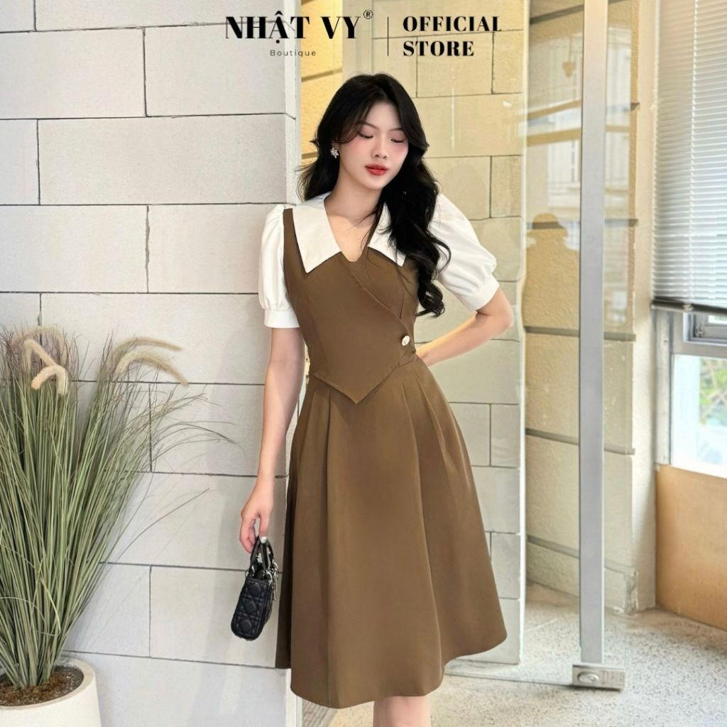 Đầm công sở Nhật Vy tà cách điệu phối bèo cổ V form dáng xoè chất lụa phù hợp đi chơi dạo phố nhẹ nhàng - D2907