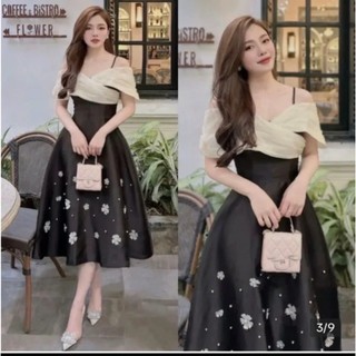 Đầm dự tiệc tiểu thư tapta đấp chéo ngực thiết kế trễ vai phối voan đính tùng hoa xinh xắn