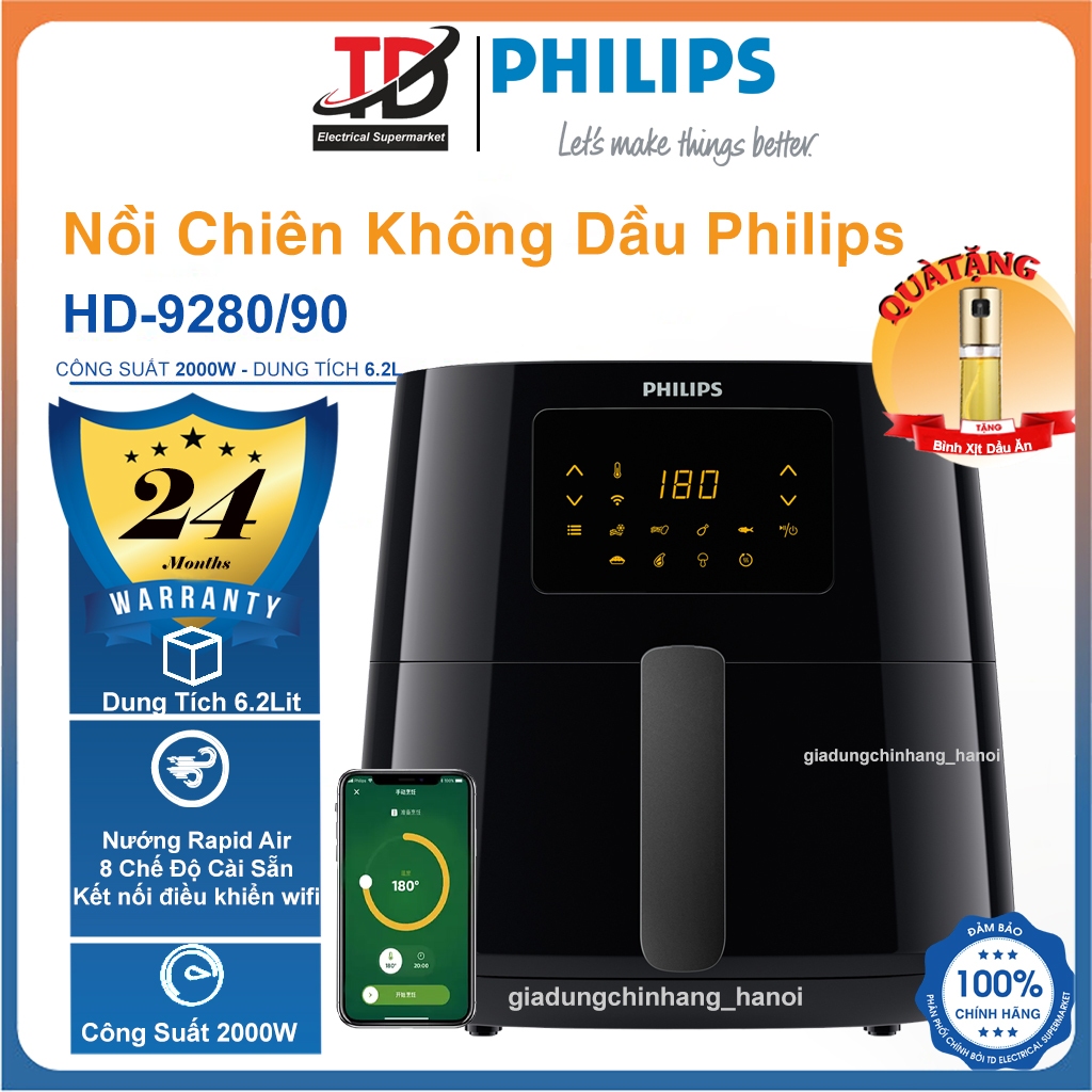 Nồi Chiên Không Dầu Philips HD9280/90, Kết Nối Wifi - 6.2Lit/2000W, Bảo Hành Chính Hãng 2 Năm
