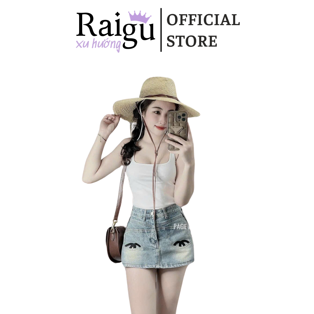 Quần Jean Giả Váy Dáng Ngắn có Túi In Hình - Raigu