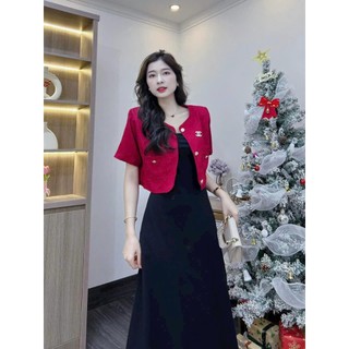 SET Đầm Maxxi Hai Dây Dáng Xoè Kèm Khoác Dạ Croptop Tay Ngắn Đính Nút Cổ Tròn Sang Trọng