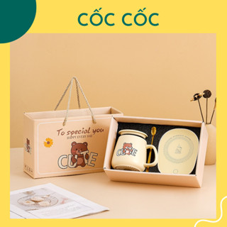 Set Cốc ly sứ Gấu Nâu Cute kèm bếp đun nóng Cốc Cốc kèm thìa, túi quà dùng làm quà tặng, uống nước