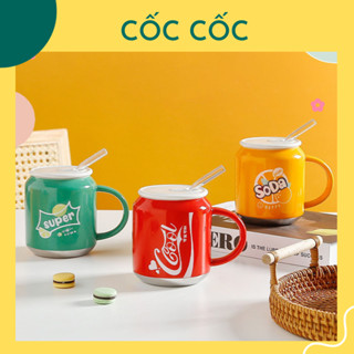  Cốc gốm sứ hình lon nước kèm nắp và ống hút thủy tinh Cốc Cốc cốc văn phòng cốc uống trà cốc uống cà phê 420ml 