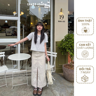 Chân váy linen dài xẻ trước hack dáng Hàn Quốc - 𝗣𝗘𝗢𝗡𝗬 𝗦𝗞𝗜𝗥𝗧