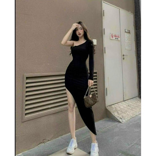 Đầm Body Thiết Kế Lệch Vai, Tà xéo Tôn Dáng, Chất Thun Gân Thái