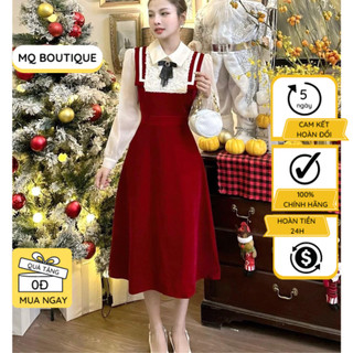 Váy nhung cổ tròn dự tiệc dáng xòe công sở nữ trang trí dây hạt tay rúm bồng, cổ tròn thiết kế MQ Boutique