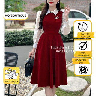 Váy nhung công sở nữ dự tiệc xòe tay bồng chiết eo phối tơ trắng kèm tag nơ, đầm nhung thiết kế MQ Boutique cao cấp