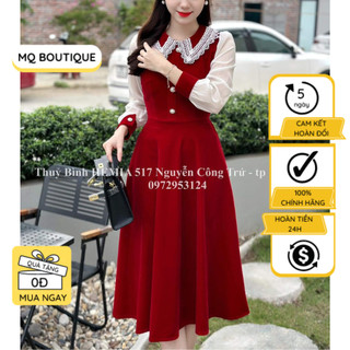 Váy nhung nữ dáng xòe cổ vuông đính hạt khuy công sở dự tiệc sang trọng, đầm nhung thiết kế MQ Boutique cao cấp