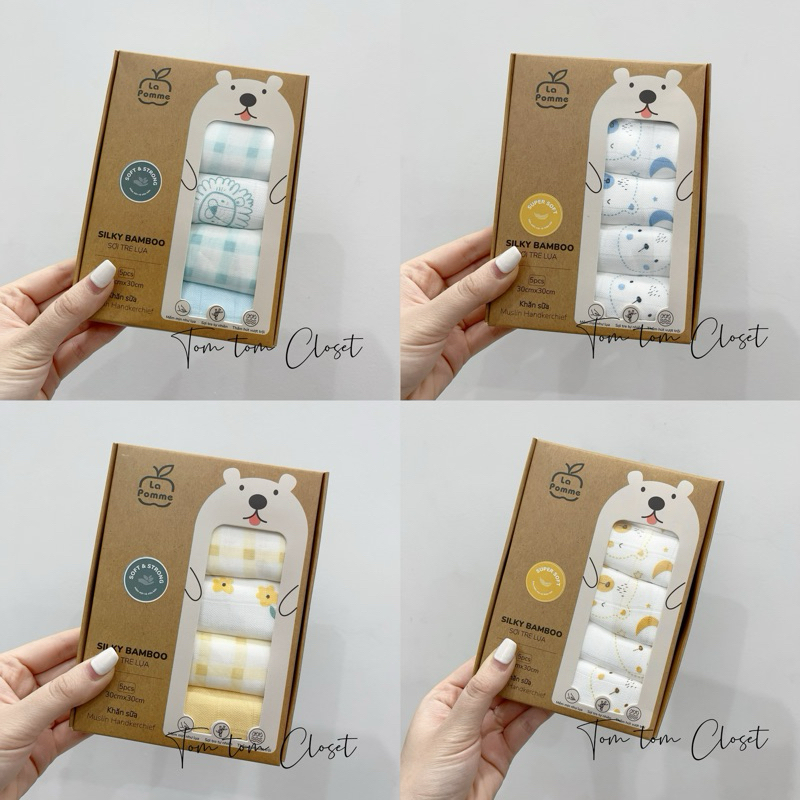 La pomme K001 Set 5 Khăn sữa sợi tre lụa La Pomme phối màu (30x30cm) cho bé SS2024